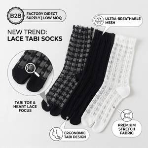 Chaussettes Tabi Jingwen OEM Oeko Tex100 en dentelle cœur, à volants, en maille, à deux orteils, mignonnes, à rayures verticales, transparentes, à orteils fendus - Product Image 1