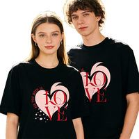 T-shirt Unisexe pour Couples 210 g/m² 100 % Coton Tricoté Coupe Oversize Imprimé Amour Col Rond Noir Streetwear Épaules Tombantes Vente en Gros