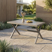 Table de jardin extérieure avec structure en aluminium, plateau en lattes WPC imitation bois et design à pieds en X