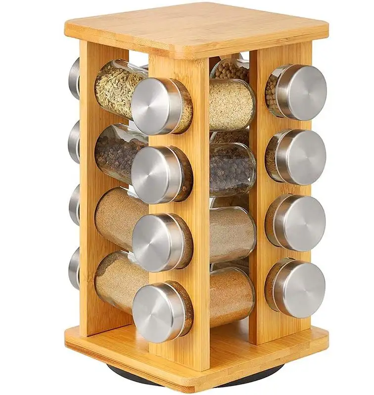 Portaspezie da cucina da 16 bottiglie Rotation Spice Organizer da banco portaspezie in bambù portaspezie girevole personalizzato
