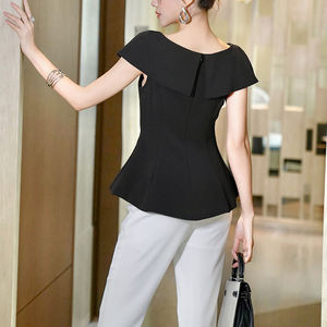 ZYHT 45235 Blouse d'été décontractée africaine en tissu uni, élégante, noire, à épaules dénudées, style peplum, <span class=keywords><strong>col</strong></span> asymétrique, simple, à volants, pour femmes - Product Image 2