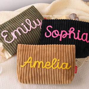 Custom Name Corduroy Makeup Bag Embroidered <b>Cosmetic</b> Pouch Portable Toiletry <b>Organizer</b> for Travel - Product Image 1