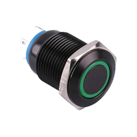 Interrupteur à bouton-poussoir métallique étanche 16 mm, coque noire, anneau LED vert, interrupteur momentané 12V 24V 4 broches pour voiture et machines