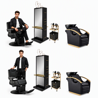 Ensemble de mobilier de salon d'hôtel pliable et inclinable noir et or avec logo personnalisé, miroir de rangement, chaise de coiffeuse et chaises de barbier en PU