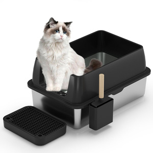 Stainless Steel <b>Cat</b> Litter <b>Box</b> Rectangle Large Space Semi Enclosed Durable High Sided With Scoop Storage For <b>Cats</b> - Product Image 4