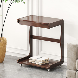 Movable <b>Side</b> <b>Table</b> With Wheels Double Layer <b>Storage</b> Rack For Living Room Coffee <b>Table</b> Solid Wood Design - Product Image 3