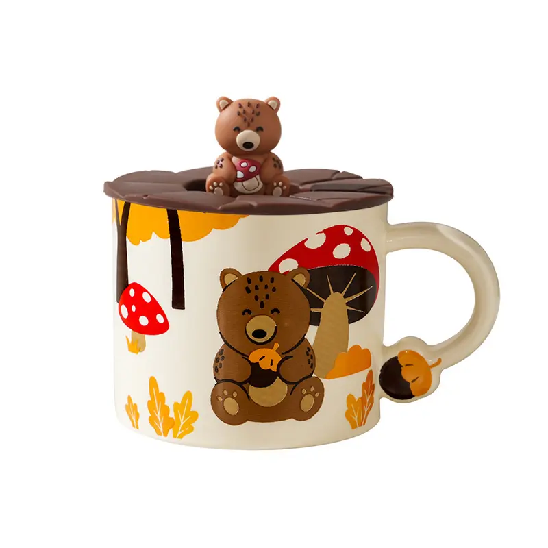 Vendita calda sublimazione personalizzato carino orso tazza di caffè in ceramica e coperchio Set