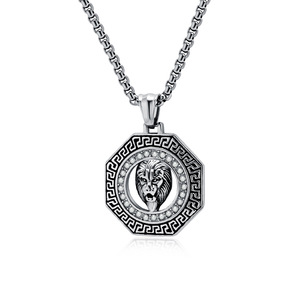 yunnique cross-border new hip-hop rhinestone Great Wall pattern lion head <b>titanium</b> steel necklace, personalized jew - Product Image 1
