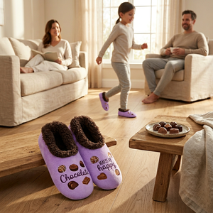Snoozies Damen Lustige Hausschuhe für Erwachsene, weich, rutschfest, Sherpa-Futter, Flanell-Obermaterial, „Chocolate Makes Me Happy Indoor Silly“ - Product Image 3