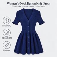 Grosir Kustom Logo OEM ODM Wanita Manis Seksi V Neck Ruffle Trim Lengan Pendek Rajutan Cardigan Dress Slim Fit A-Line Mini Kasual