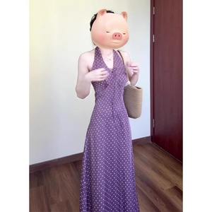 Retro Polka Dot <b>Halter</b> <b>Neck</b> Tea-Length Chiffon <b>Dress</b> for Women <b>Purple</b> Elegant Natural Waist Slimming Breathable Pencil - Product Image 5