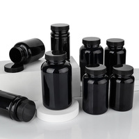 Bouteille de pilules en PET de qualité alimentaire en gros, 50cc, 100cc, 120cc, 150cc, 200cc, noire, vide, pour le stockage de médicaments et de capsules, avec couvercles