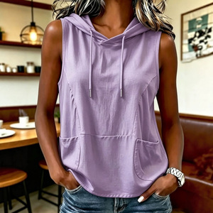 Dropshipping Shopify Plus Size Womens Hooded Sleeveless Tank <b>Top</b> Solid Color Casual Summer Streetwear Loose Fit - Product Image 4