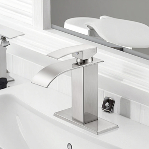 Grifo de baño de cascada-Manija única moderna, se adapta a lavabos de <span class=keywords><strong>1</strong></span> o 3 orificios, con cubierta, drenaje emergente y mangueras de suministro - Product Image 1