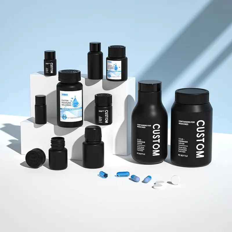 Пользовательские печатные пластиковые бутылки для таблеток, медицинский контейнер, черный пустой флакон с витамином