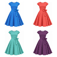 Robe midi d'été pour femme à pois, col rond, manches courtes, ceinture à la taille, coupe trapèze, vente en gros