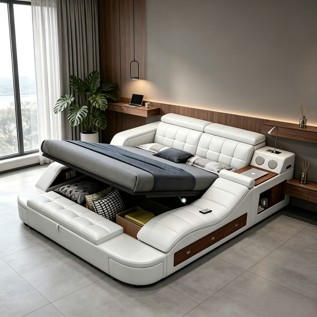 Usb Multifunctional Led Adjustable Smart Electric Massage Bed for king Smart Hotel Solid Wood Luxury Modern Bedroom Furniture