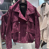Jaket Kulit Oversized Double Breasted Jaket Bomber Kulit Domba Asli Wanita Jaket Kulit Suede Asli