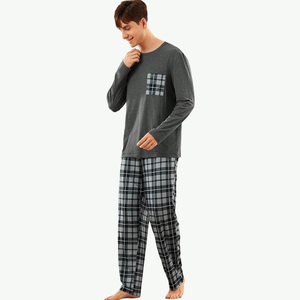 Pigiama <span class=keywords><strong>da</strong></span> <span class=keywords><strong>uomo</strong></span> estivo personalizzato con tasche a maniche lunghe in bambù lavorato a maglia traspirante abbigliamento <span class=keywords><strong>da</strong></span> notte con motivo a quadri - Product Image 3