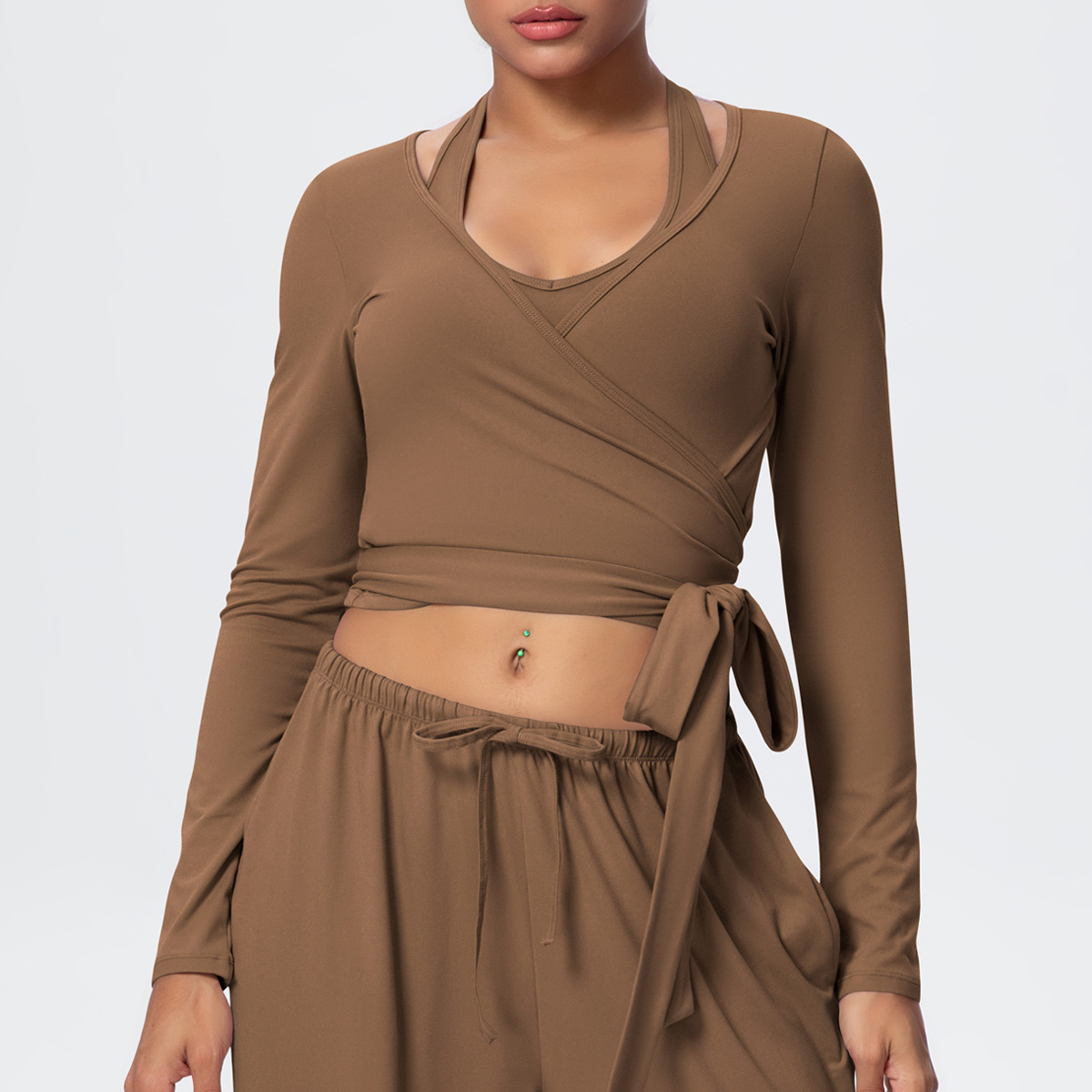 New Women Outdoor Fitness Stretchy Long-Sleeve Brushed Slim-Fit Cross Strap V Neck Sports Top for Running Fitness