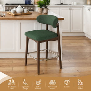 Chaise de bar en tissu écologique durable avec structure en bois massif, dossier de 26,5 pouces de hauteur, idéale pour îlots de cuisine et zones repas - Product Image 4