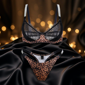 Completo Intimo Sexy in Raso con Stampa Leopardata e Pizzo, <span class=keywords><strong>Reggiseno</strong></span> con Ferretto e Coppe Trasparenti, Spalline <span class=keywords><strong>Argento</strong></span> Scintillanti, Due Pezzi - Product Image 2