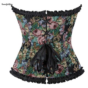Plus Size Xs-xxl Vintage Renaissance Fair Corselet Woman's Black <strong>Rose</strong> Printed Denim Jean Fabric Ruffled Corset <strong>Top</strong> - Product Image 4