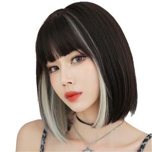 Perruque Bob Courte Synthétique Femme, Effet Amincissant, <span class=keywords><strong>Frange</strong></span> Droite, Boucles Inversées, Longueur Clavicule, Perruque Complète, Tendance Internet, Effet Highlight Peekaboo - Product Image 1