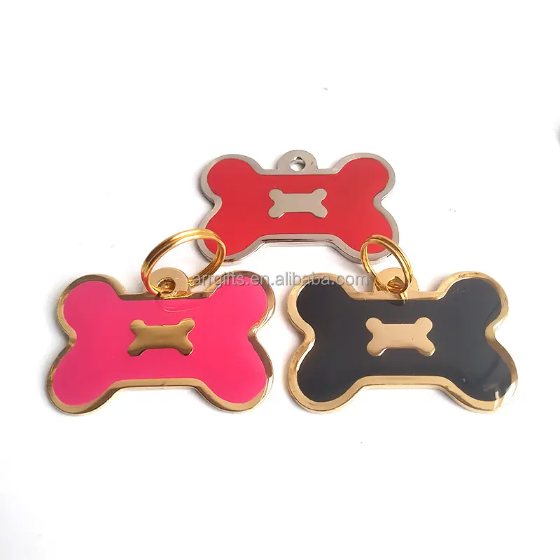 Etiquetas de identificación para perros con forma de hueso rojo, negro y rosa, precio barato, fabricante de etiquetas para mascotas para perros y gatos