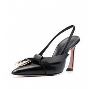 Sandalias de tacón de aguja con correa trasera y hebilla metálica para mujer, talla grande 45, con punta puntiaguda y diseño de nudo, de charol, estilo slingback. - Product Image 4