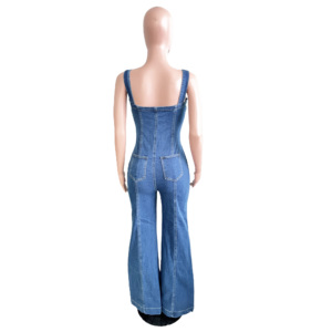 Combinaisons pour femmes en denim sexy à bretelles spaghetti, bouton sur le devant, décontractées, <span class=keywords><strong>pantalon</strong></span> large à jambes droites, tenue <span class=keywords><strong>de</strong></span> soirée, <span class=keywords><strong>combinaison</strong></span> une pièce - Product Image 5