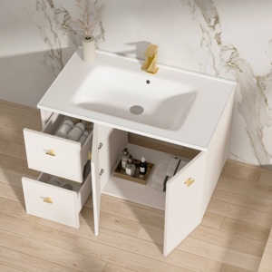 Meuble de salle de bain sur pied avec lavabo en céramique, miroir intelligent en PVC 18 mm, peinture cuite en une seule pièce, rangement multiple - Product Image 3