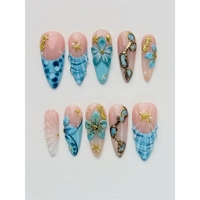 Uñas Postizas 3D con Diseño Floral de Ojo de Gato, Uñas Acrílicas de Verano con Diseño de Conchas Marinas Azules, Uñas Postizas Largas de Estilo Stiletto, Uñas Postizas de Cobertura Completa