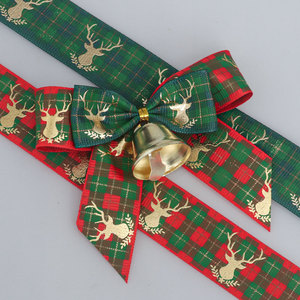 Ruban en polyester à carreaux de Noël en gros-grain avec motif tête de cerf et estampage à chaud doré, pour nœuds cadeaux DIY et emballage de sapins de Noël - Product Image 2