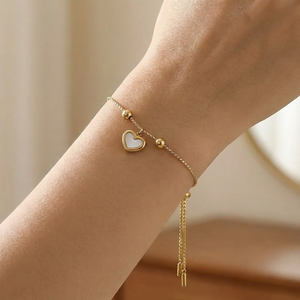 Pulsera de Cuerda Trenzada Delicada Premium con Cuentas, Acero Inoxidable 316L, Adorno de Mano Ajustable con Corazón y Concha - Product Image 5