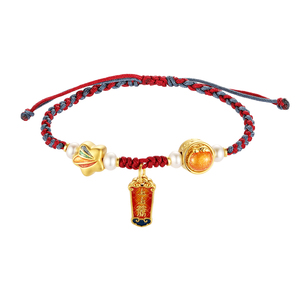 กำไลข้อมือ5D เคลือบสีทองแข็งขนาด1.85กรัมพร้อมดาวนำโชคประดับไข่มุกสีส้ม - Product Image 1