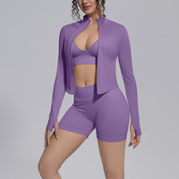 Ensemble de sport 2 pièces en maille sans couture pour femme avec soutien-gorge dos nu, short et veste zippée en coton et élasthanne, idéal pour l'entraînement estival