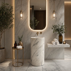 Poulars Wholesale Luxury Modern <b>Freestanding</b> Natural Stone Man Made Pedestal Hand Washing Sink Statuario White Marble Washroom - Product Image 1