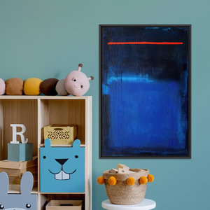 Rothko Style Abstract Canvas: Deep Blue with Red Line Accent,<b>BLACK</b> <b>FRAMED</b> CANVAS - Product Image 3
