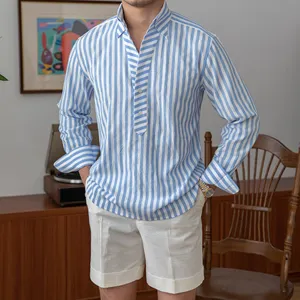 意大利夏季轻质透气泡泡面料长袖衬衫休闲度假条纹男式衬衫