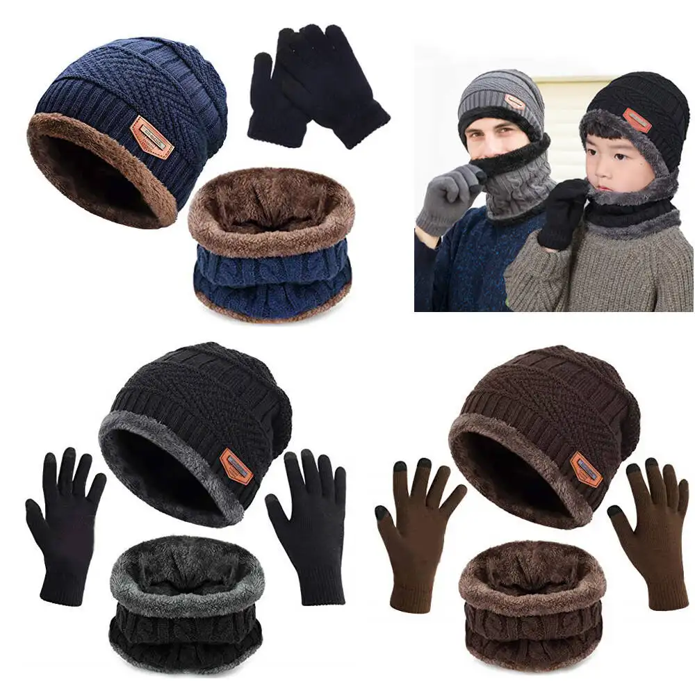 ZG Wholesale Knitted Winter Hats 3 Piece Beanie Neck Warmer and Gloves for Men And Kids