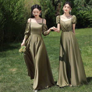 Robe <span class=keywords><strong>de</strong></span> demoiselle d'honneur vert foncé Logo personnalisé Robe <span class=keywords><strong>de</strong></span> soirée en satin Usine directement robe d'hôte longue glissante en gros - Product Image 2