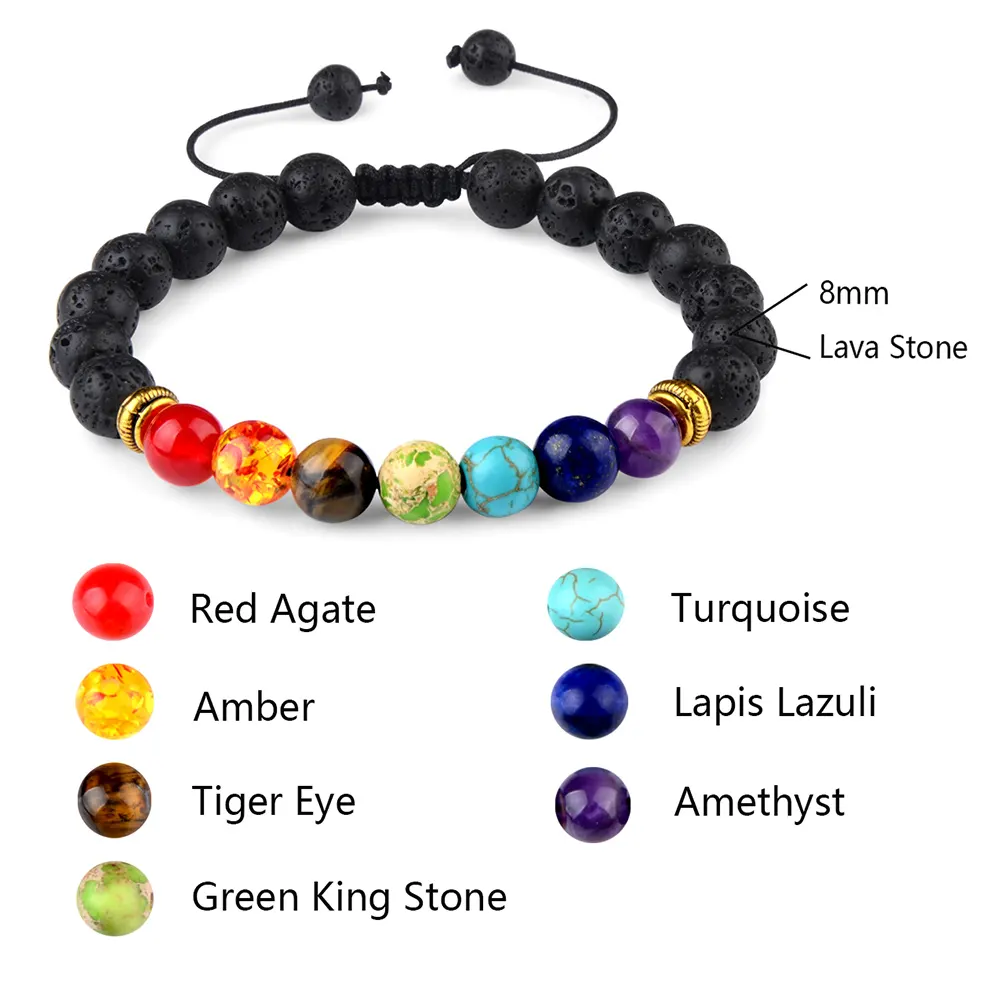 Adjustable Natural Lava Stone Rock Braided Rope Yoga 7 Chakra Bead Bracelet for Women