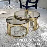 Ensemble de tables basses gigognes modernes à extrémités courbées, assemblage facile, noir, or, métal, verre, marbre, MDF, bois, 2 pièces