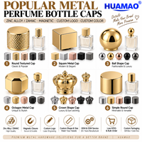 Capuchon de parfum rond en zamac de luxe personnalisé, couvercle de bouteille en alliage de zinc métallique de haute qualité avec insert en PP, logo HUAMAO
