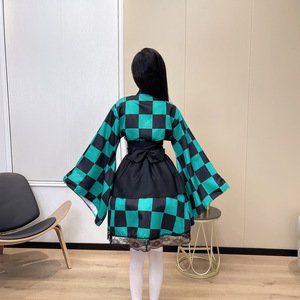 Vestido tipo kimono para cosplay, disfraz de Anime de manga larga a cuadros verde y negro para mujer, traje de fiesta para juego de rol - Product Image 4