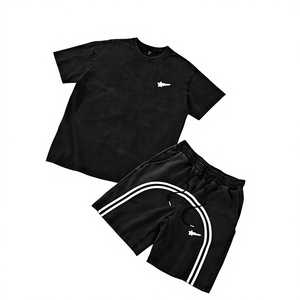 Ensemble T-shirt et short sportif noir pour homme, col rond, tricoté, 100% coton, séchage rapide, tenue d'été, couleur unie, motif crânes - Product Image 4