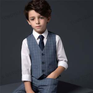 Abbigliamento personalizzato Tuxedo per bambini abito corto 3 pezzi blu <span class=keywords><strong>a</strong></span> quadri gilet abito da ragazzo formale per l'estate - Product Image 4