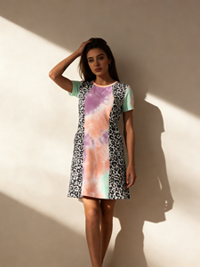 Robe trapèze imprimée léopard tie-dye - Robe t-shirt décontractée patchwork avec poches discrètes, tissu confortable et respirant - Product Image 3