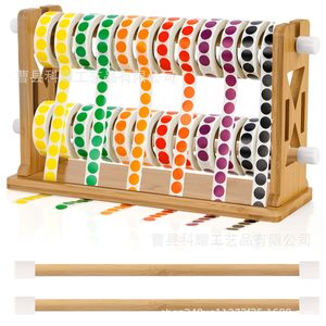 Portaetiquetas de bambú, organizador de escritorio de madera, 2 rodillos, dispensador de etiquetas de 2 capas para uso en el hogar y la oficina - Product Image 1